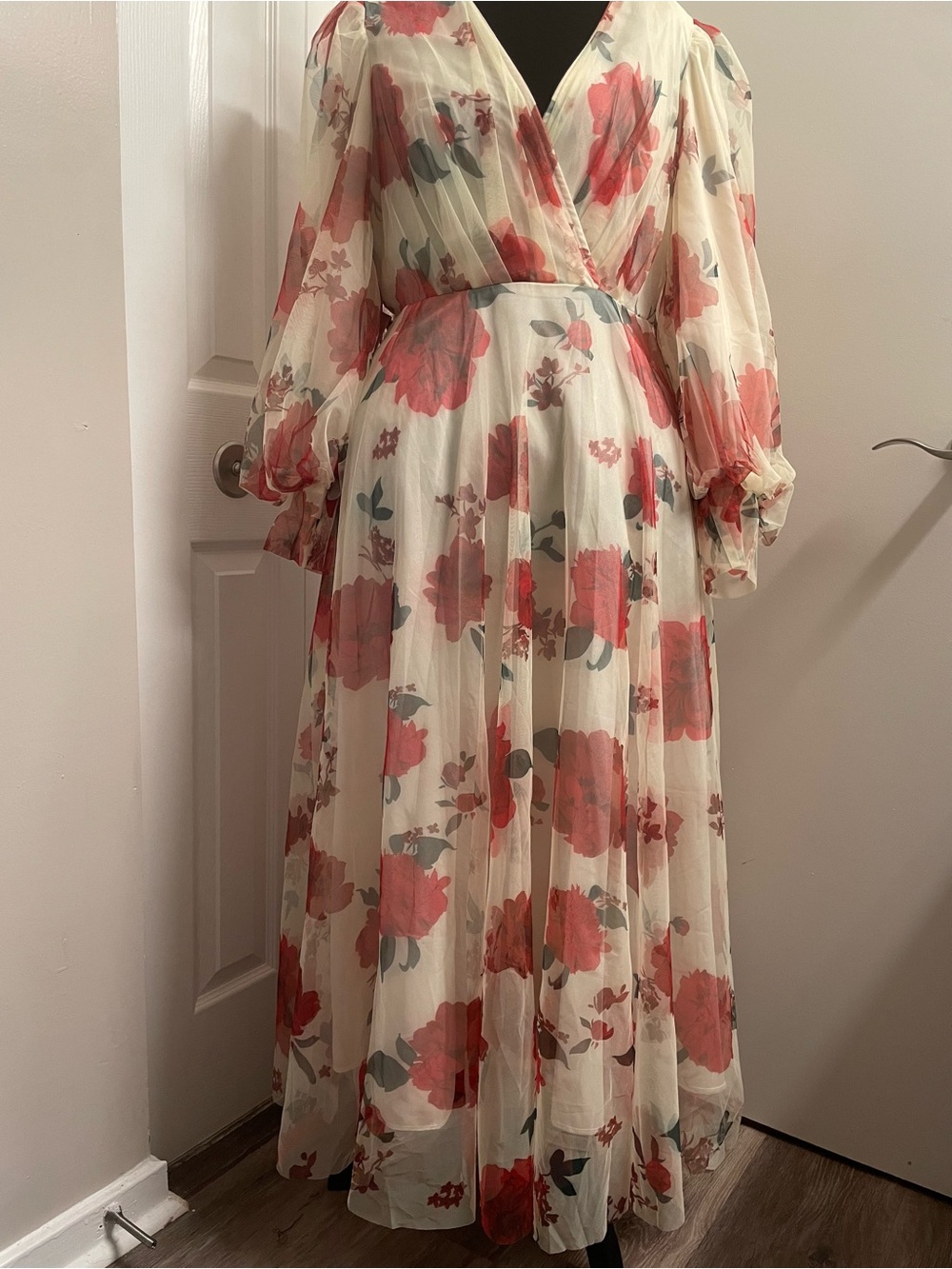 Cream Maxi Dress with Coral Floral Print